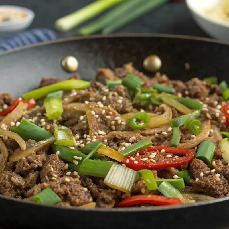 Wagyu stir-fry in skillet