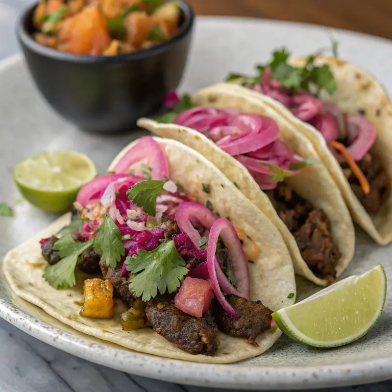 Wagyu tacos with toppings For the Wagyu Ground Beef Recipe