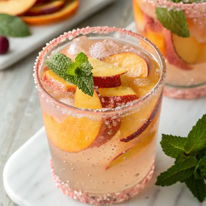 Peach sangria mocktail with pink salt rim