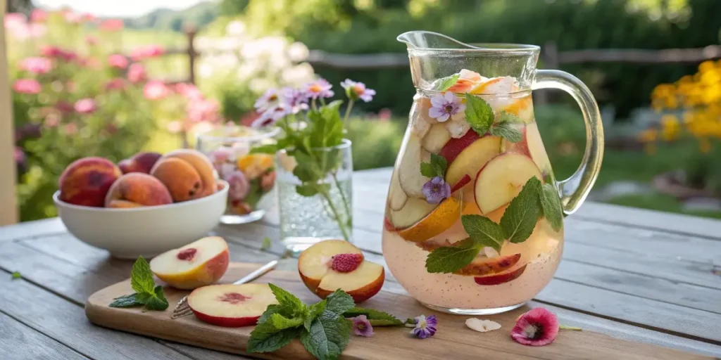 White peach sangria with mint and flowers