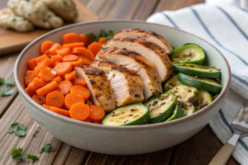 Are Carrots Keto – Cooked carrots with grilled chicken and zucchini, keto-friendly dinner option, low carb meal