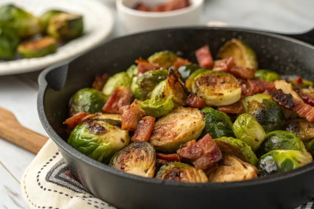 Are Brussels Sprouts Keto : 
Keto dish: roasted Brussels sprouts with bacon in a black skillet, recipe suitable for ketogenic diet