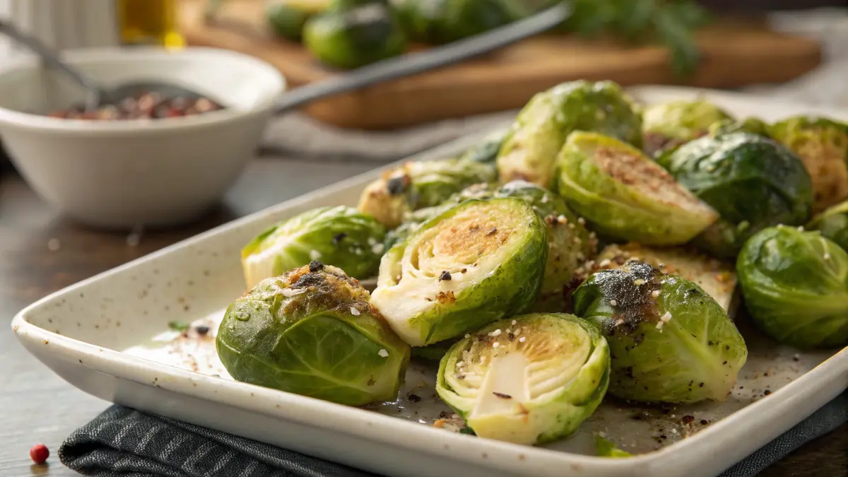Are Brussels Sprouts Keto – Roasted Brussels sprouts with bacon in a skillet, low carb ketogenic recipe