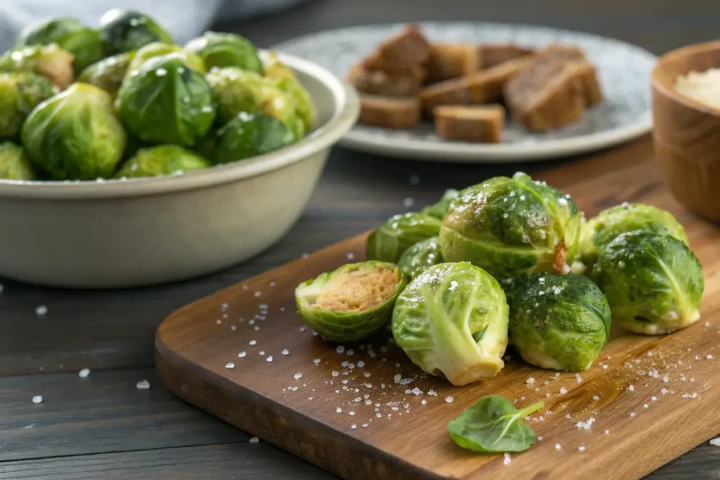 Are Brussels Sprouts Keto - Fresh Brussels sprouts on a wooden board sprinkled with salt, ingredients for keto recipes

