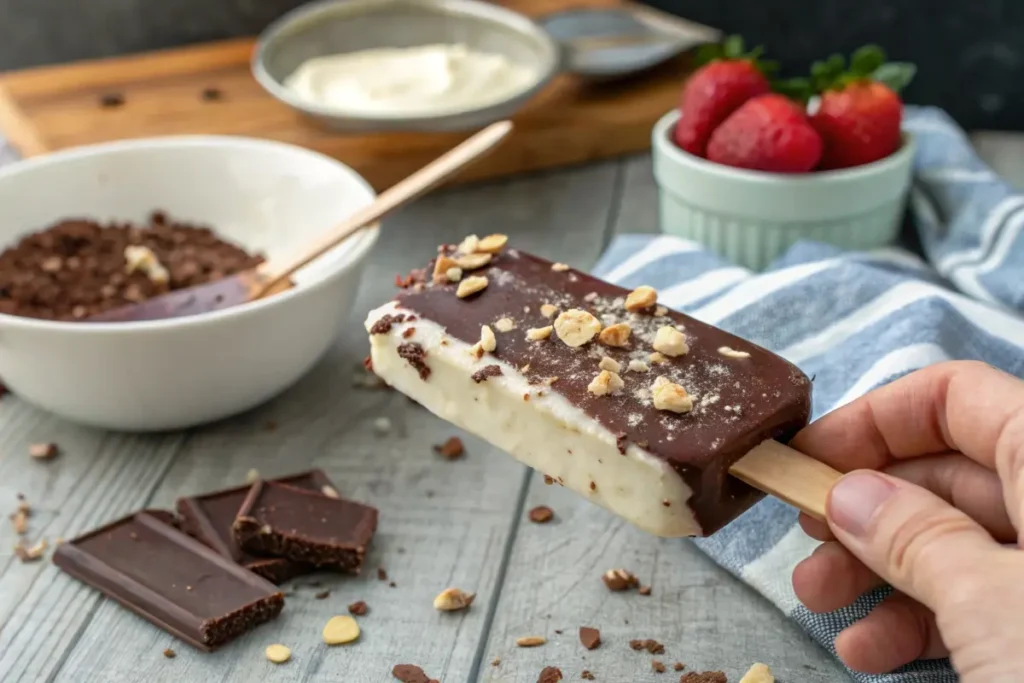 Homemade Keto Ice Cream Bars with chocolate coating and chopped nuts, held in hand, on a rustic kitchen table