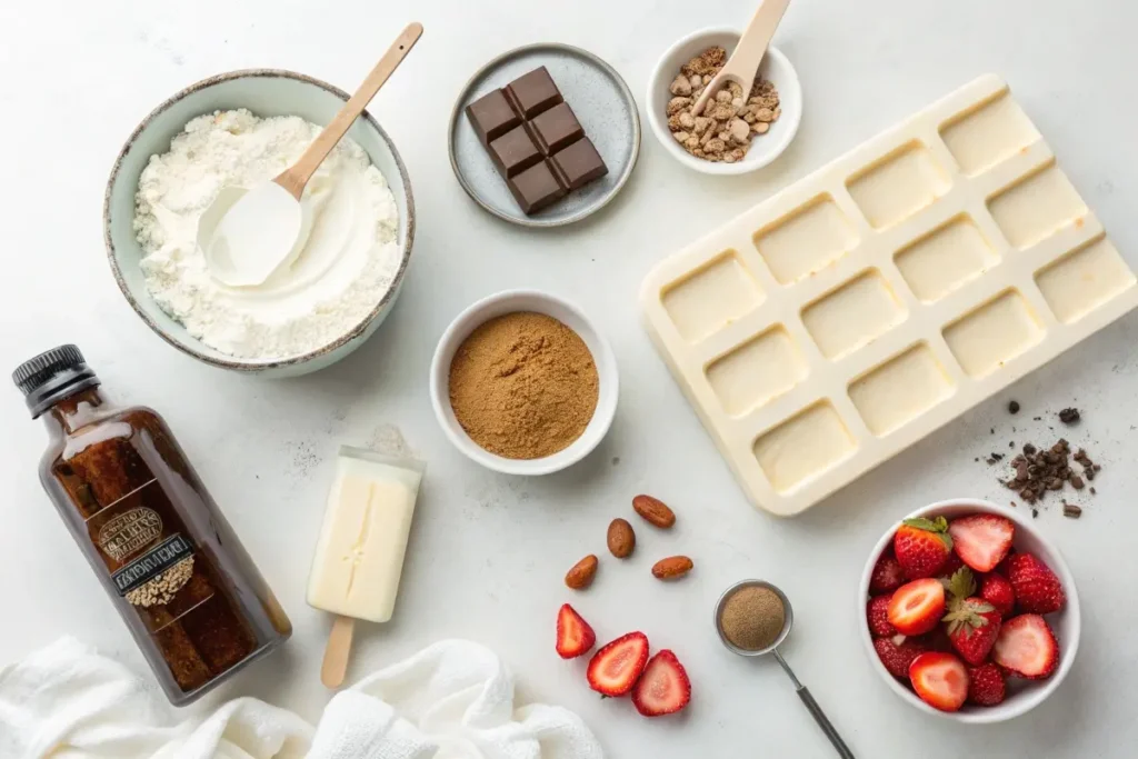Keto Ice Cream Bars ingredients including heavy cream, erythritol, vanilla extract, cocoa powder, peanut butter, Greek yogurt, strawberries, and chopped nuts laid out for a low-carb dessert recipe.
