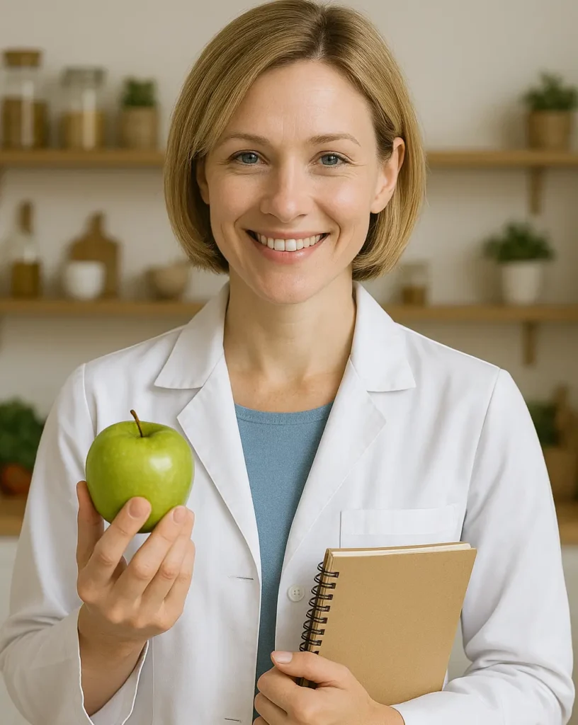 Dr. Lisa Carter, registered dietitian and nutritionist at HealthyAmericanBites.com, holding a green apple in a bright kitchen.