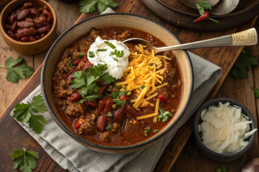 Hearty, bean-free keto chili topped with sour cream and cheese made in a crock pot