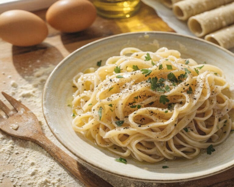 Homemade gluten free egg noodles served with butter and herbs