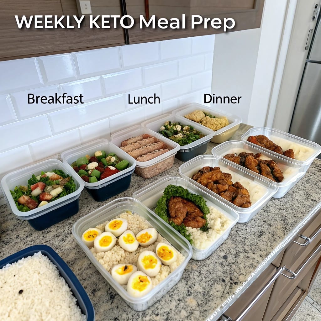 keto diet : Keto 7-day meal prep containers on a kitchen counter labeled by day