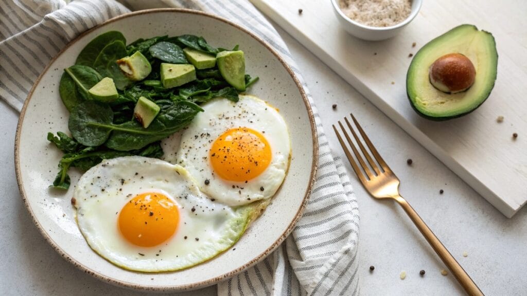 Simple keto breakfast with eggs, avocado, and spinach on a white plate