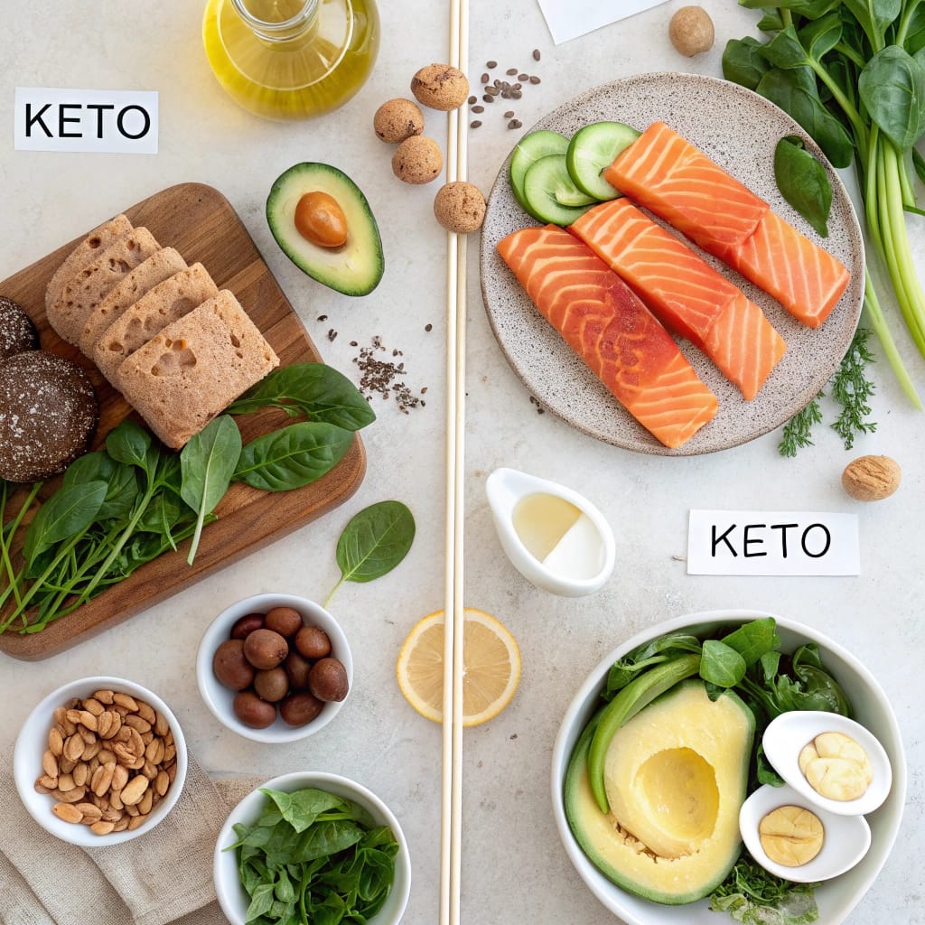 keto diet:  Comparison of keto-friendly foods vs high-carb foods to avoid on a table
