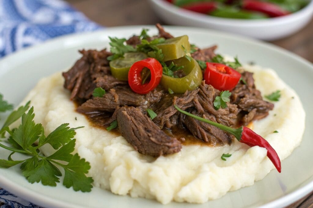 Tender keto Mississippi pot roast served with low-carb mashed cauliflower