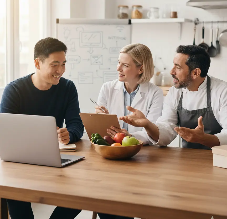 HealthyAmericanBites.com team — Dr. Lisa Carter, Chef Miguel Alvarez, and Ethan Kim collaborating around a table with fresh fruits and vegetables, discussing personalized healthy recipes powered by NutriMatch.