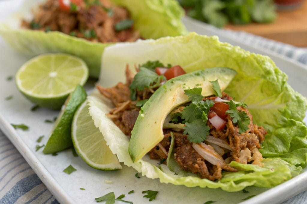 Slow cooker keto pork carnitas served in a lettuce wrap with avocado and lime