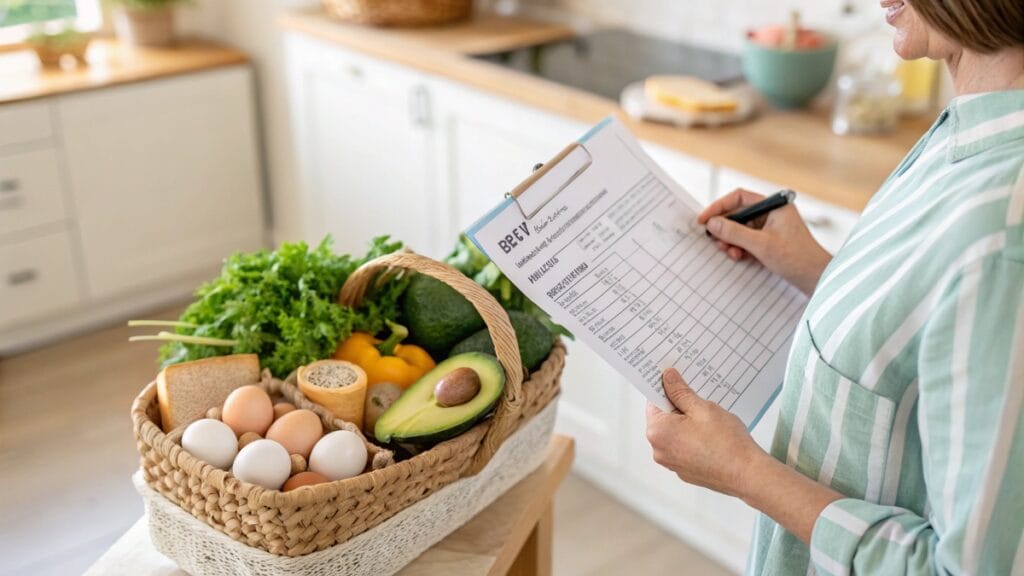 KETO DIET : Person starting keto journey with a printed plan and groceries in hand