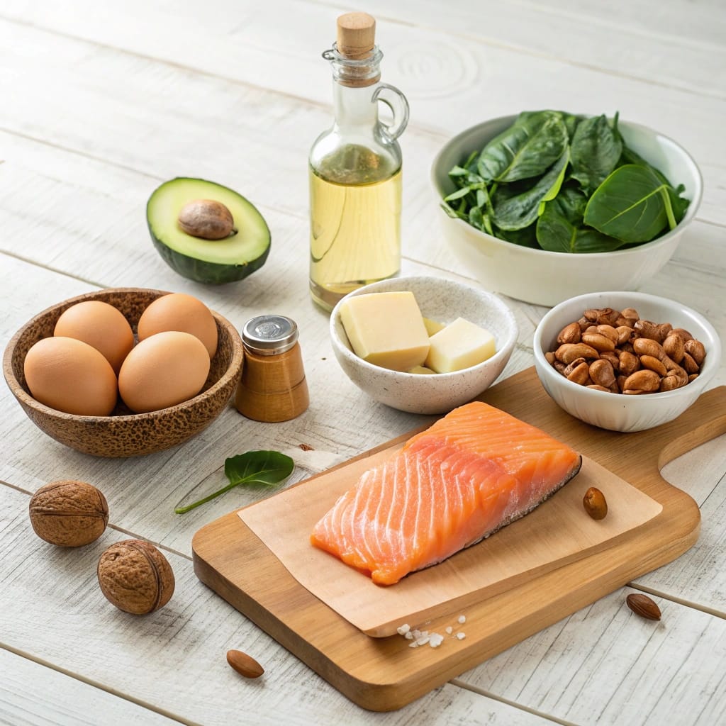 Keto diet: Assortment of basic keto ingredients like avocado, eggs, nuts, and olive oil on a wooden table