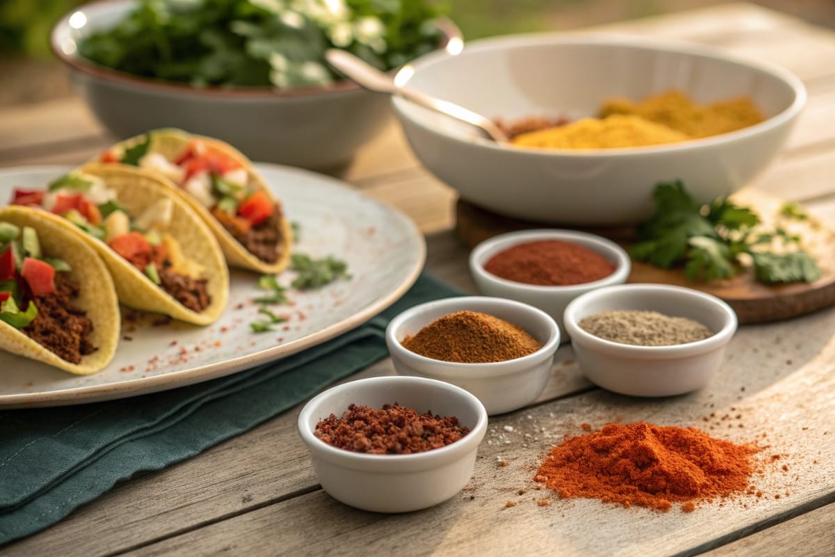 Taco seasoning spices in small bowls with gluten free taco plate in background