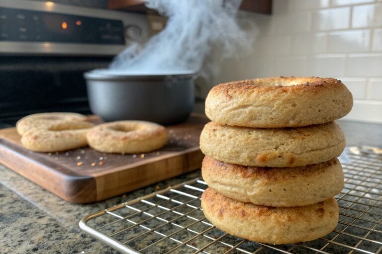 Almond flour keto bagels stacked on a cooling rack