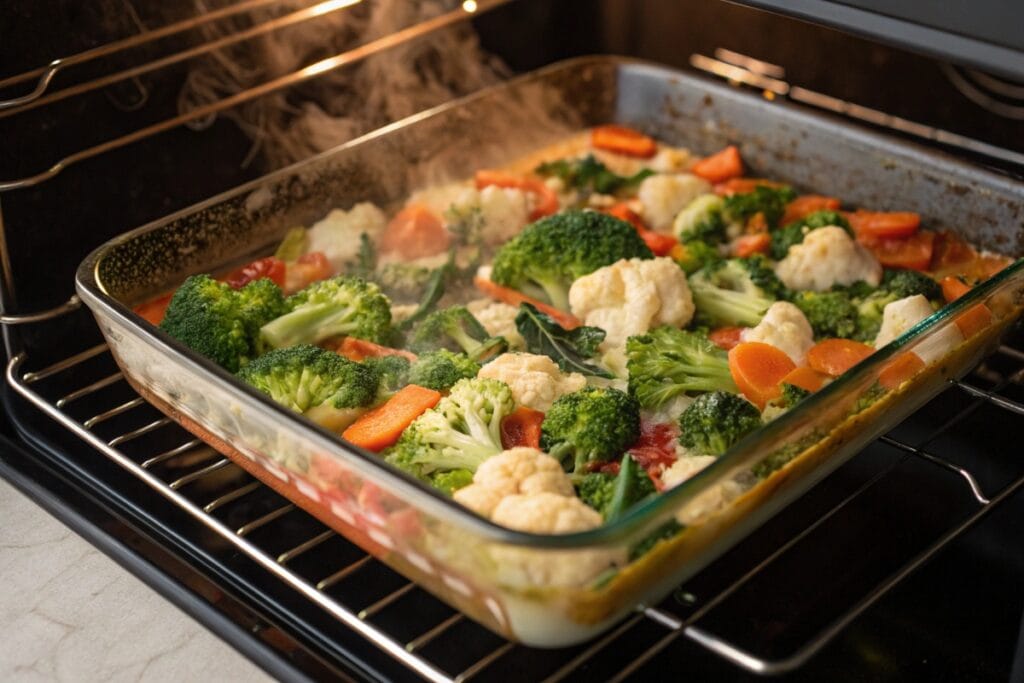 Baked vegan vegetable casserole in oven