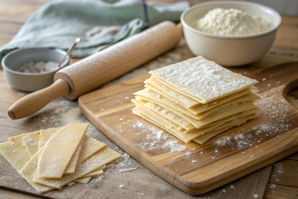 Gluten free wonton wrappers on wooden board