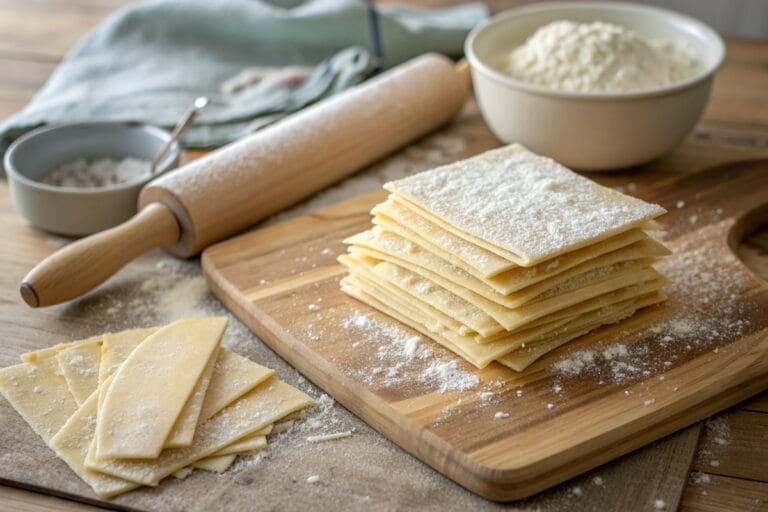 Gluten free wonton wrappers on wooden board