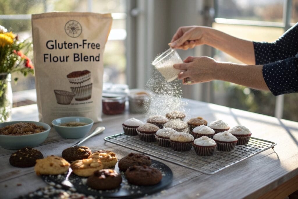 Gluten-free flour dusted over cupcakes, brownies, and cookies