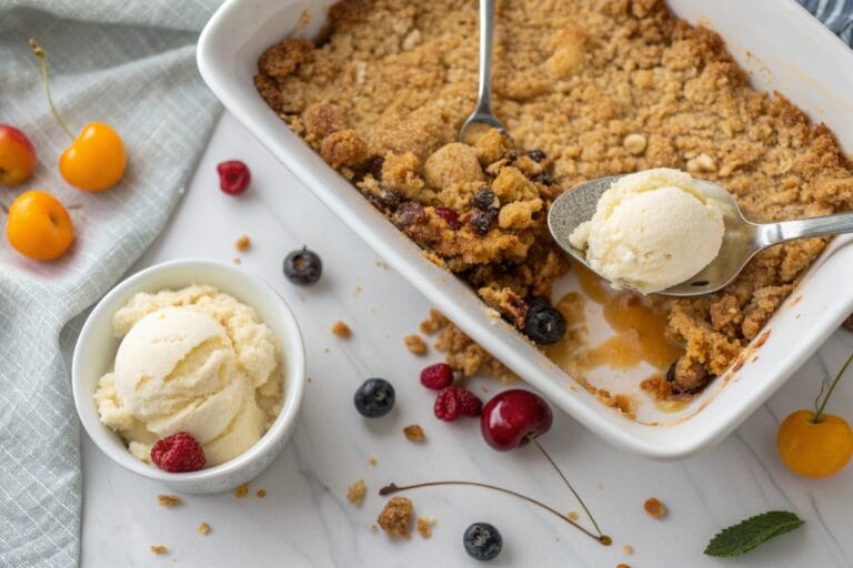Gluten-free berry almond crisp dessert with ice cream