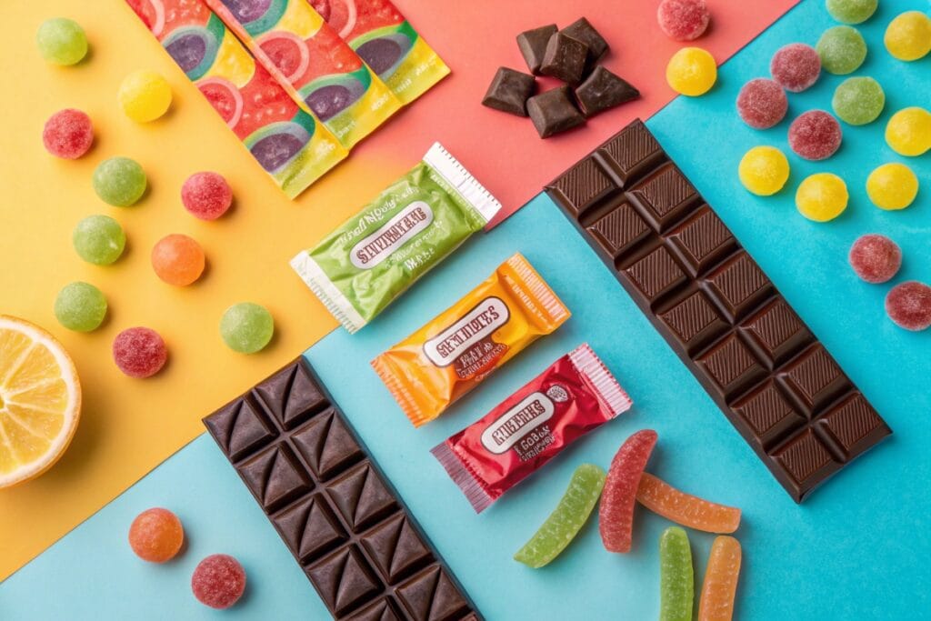 Popular gluten-free sweets and candies on a colorful background