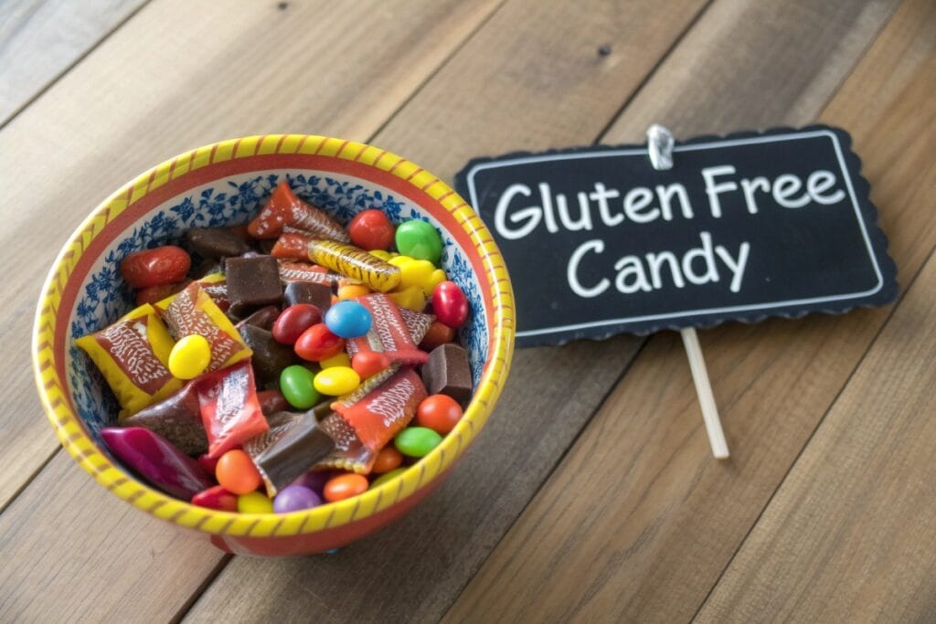 Bowl of assorted gluten free candy with labels