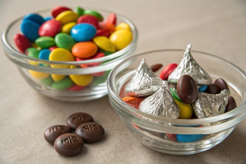 Chocolate candies and kiss-style chocolates in small bowls