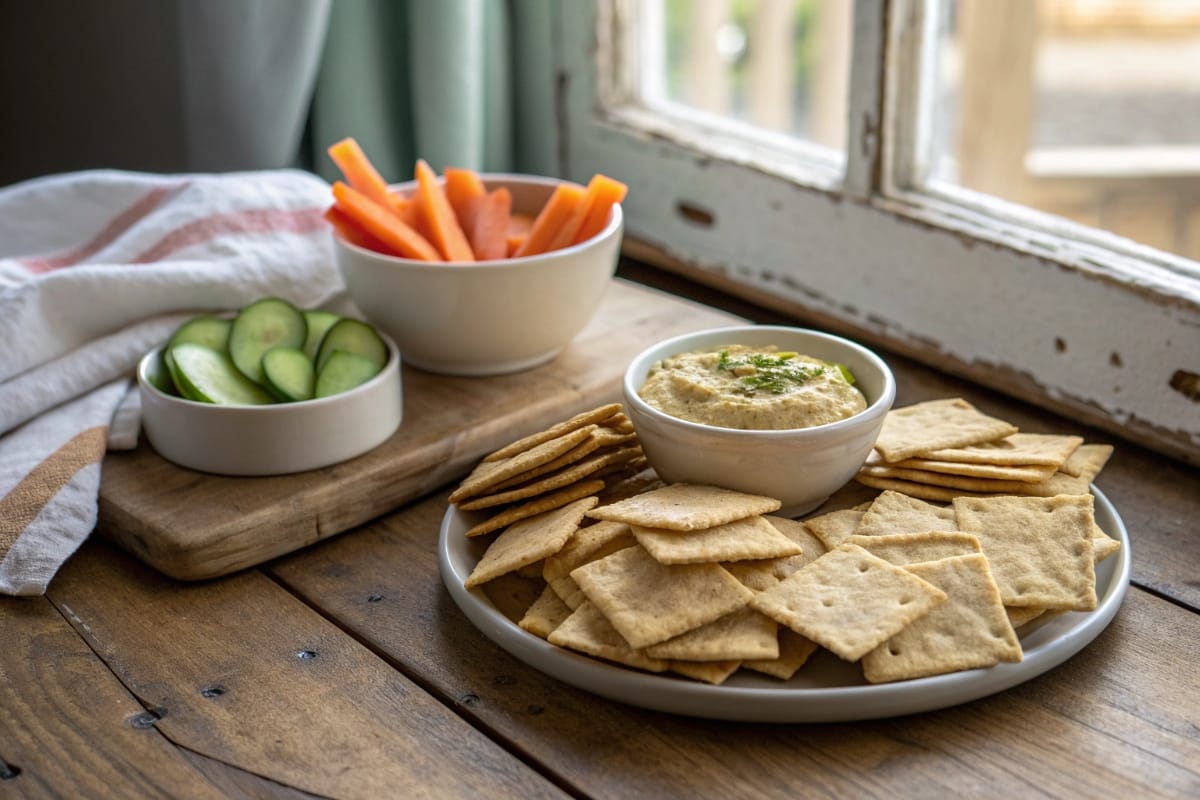 Gluten free crackers stacked on a snack plate