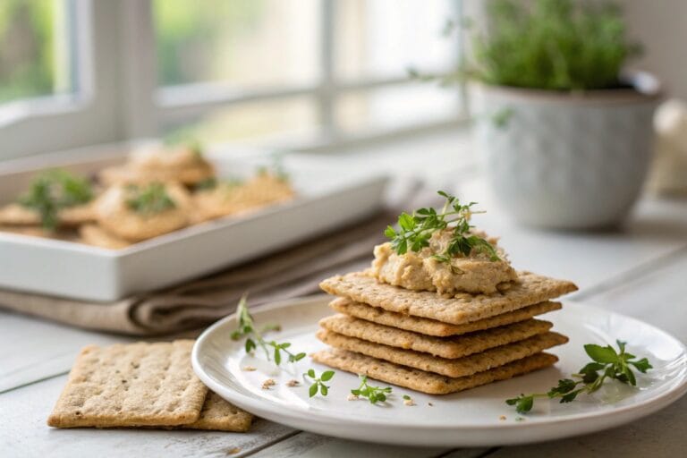 Gluten free cracker topped with hummus on a plate