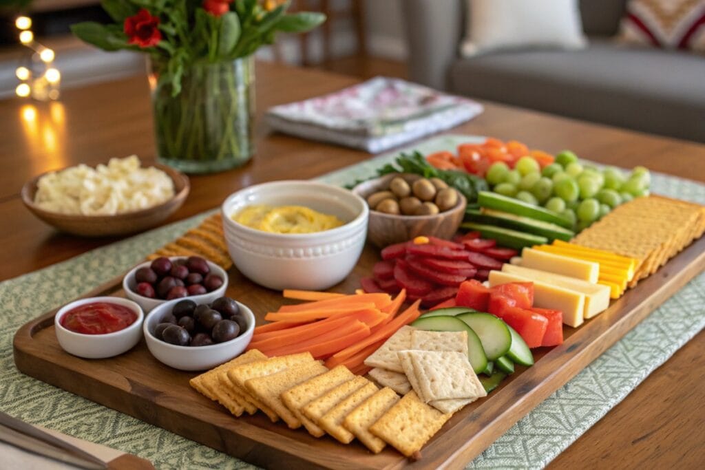 Snack board with gluten free crackers and toppings