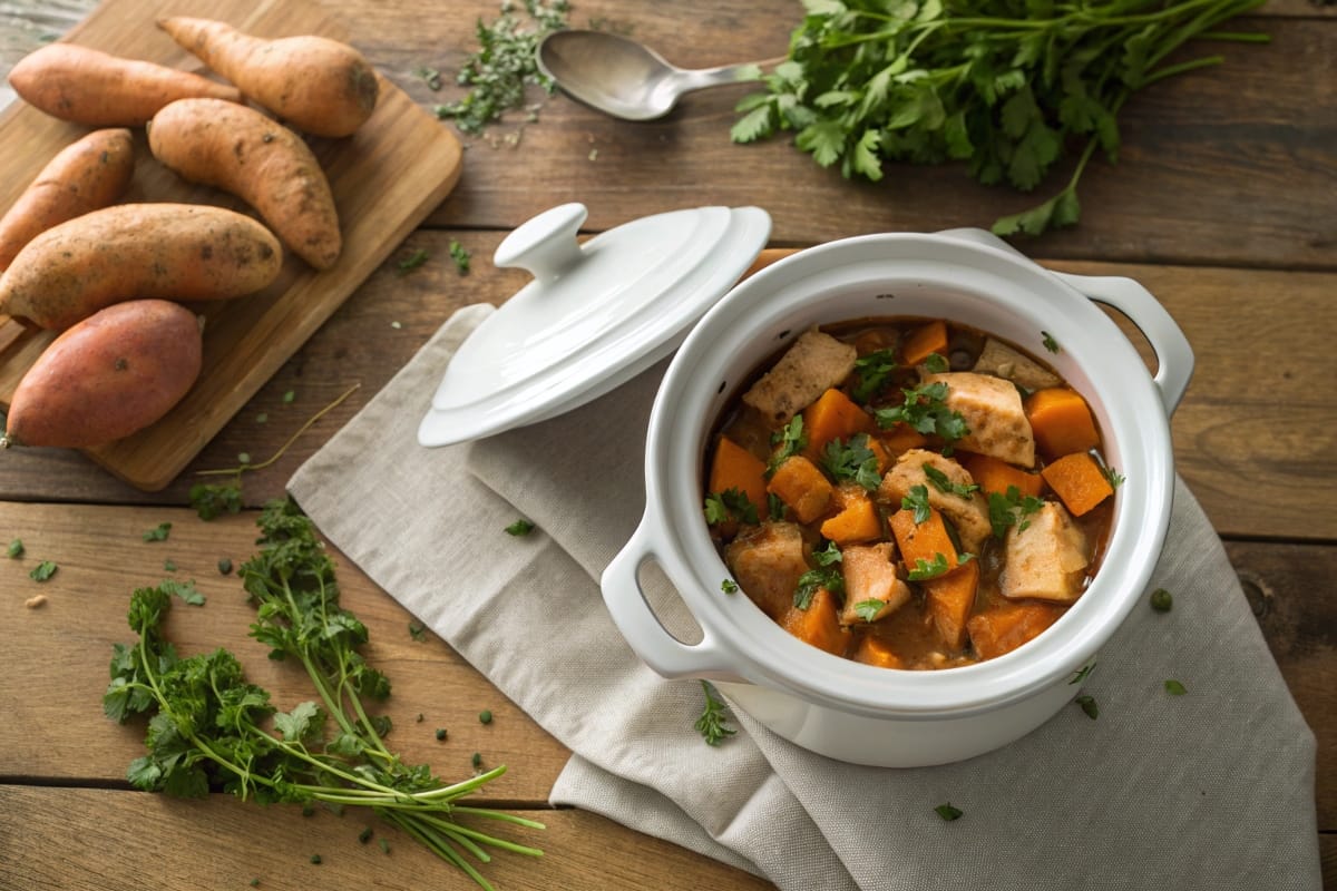 gluten free crock pot chicken and sweet potato stew in rustic kitchen