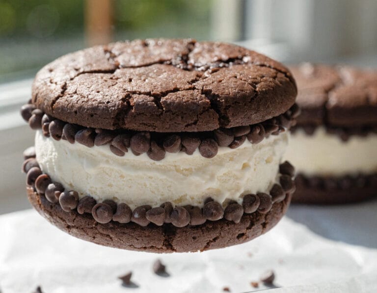 Gluten free ice cream sandwich with soft chocolate cookies and vanilla filling