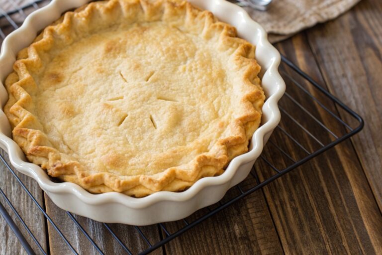 Baked all-butter gluten free pie crust with golden crimped edges