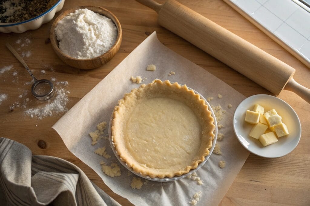 Rolled gluten free pie crust on parchment with butter and flour