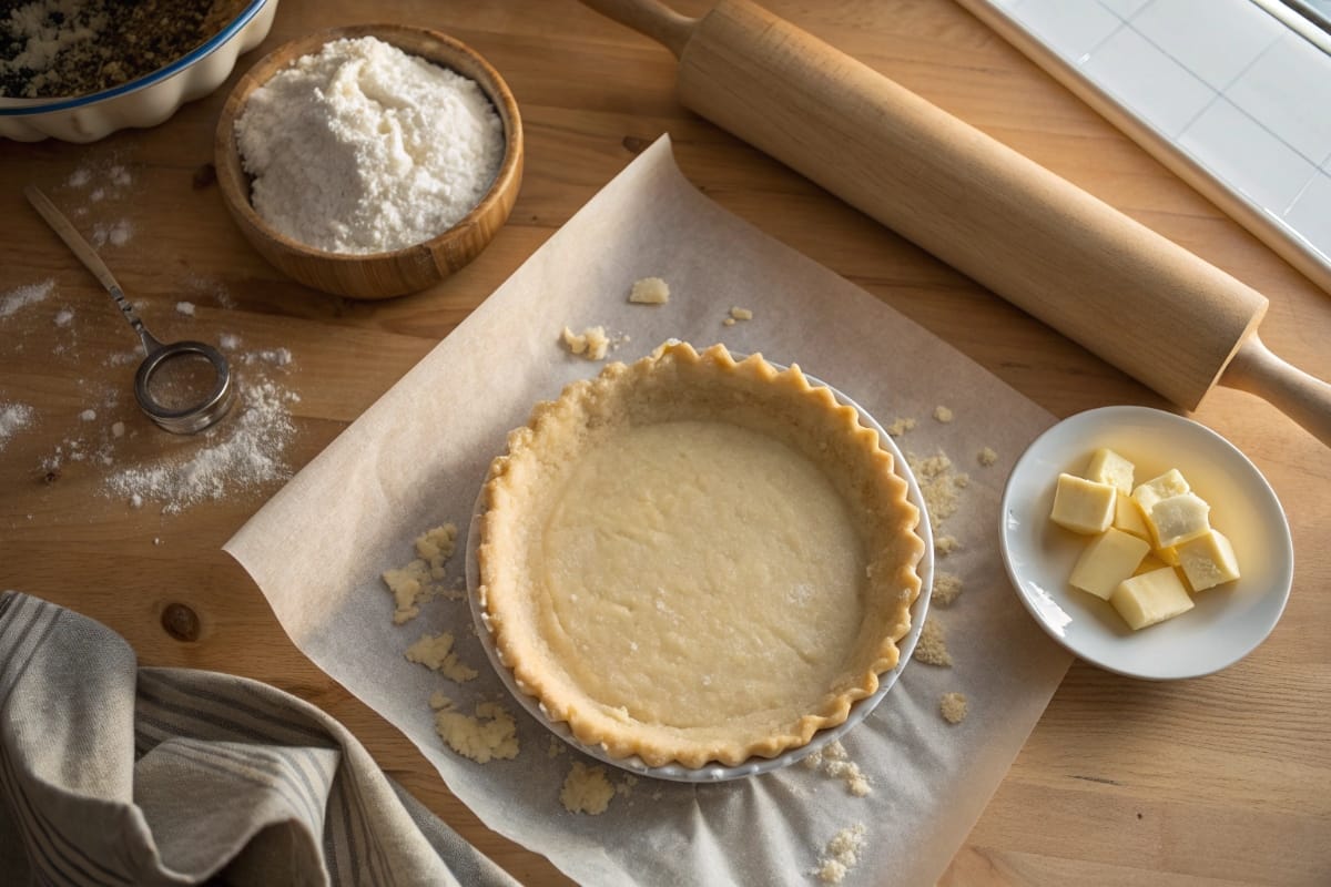 Rolled gluten free pie crust on parchment with butter and flour