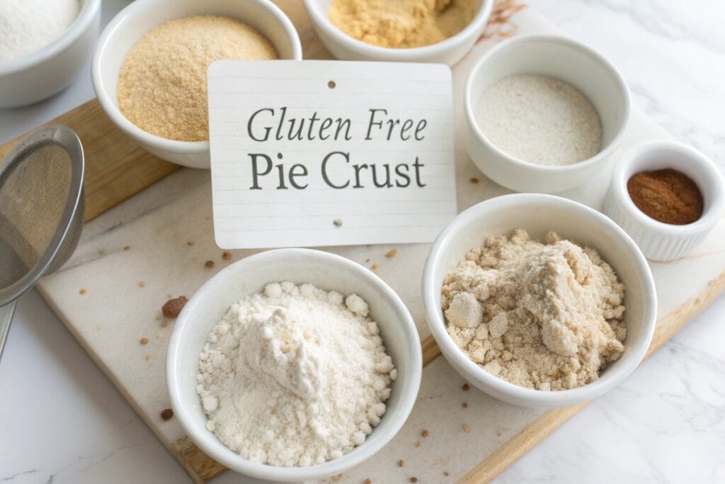 Assorted gluten free flours arranged around a pie crust recipe card
