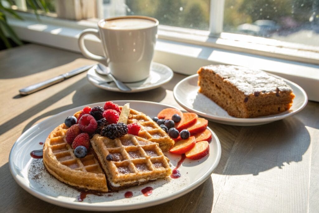 Gluten free waffles, carrot cake slice, and latte on a breakfast table