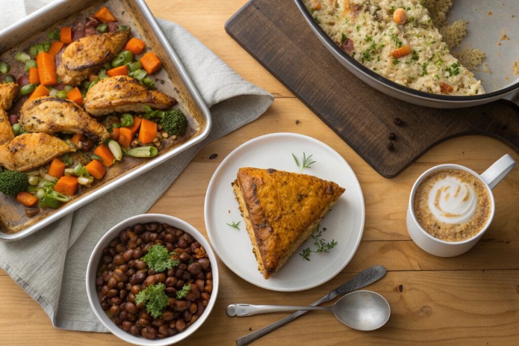 Assorted gluten free recipes on a wooden family table