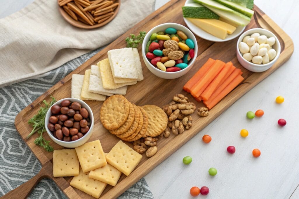 Gluten free snack board with crackers, veggies, nuts, and candy