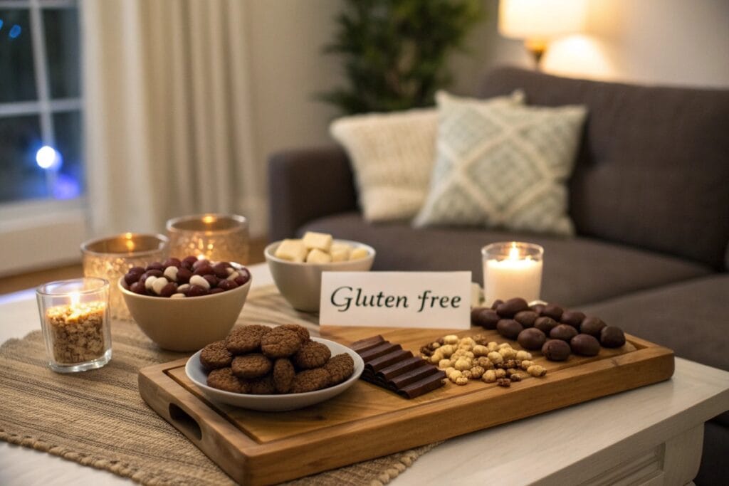 Gluten free candy and treats arranged on a snack board