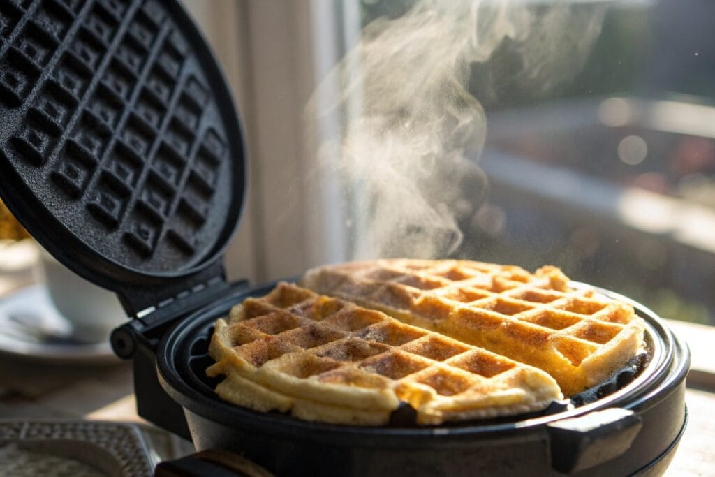 Gluten free waffle recipe cooking in waffle iron