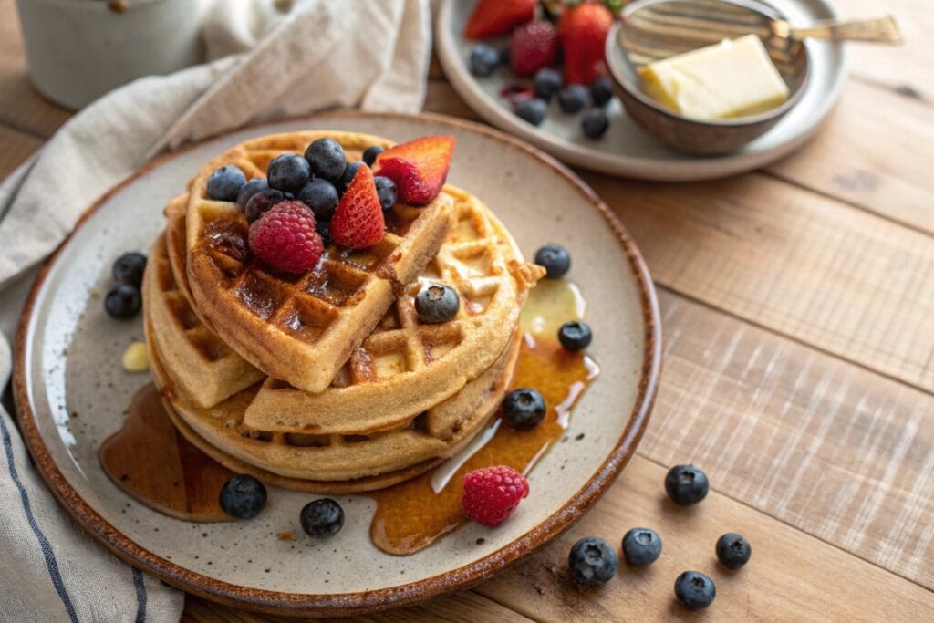 Stack of gluten free waffles with berries and syrup