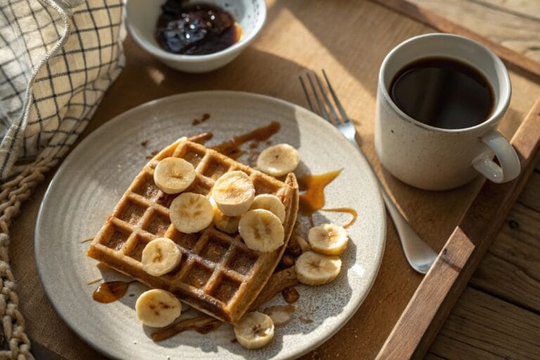 Plated gluten free waffle with banana and coffee