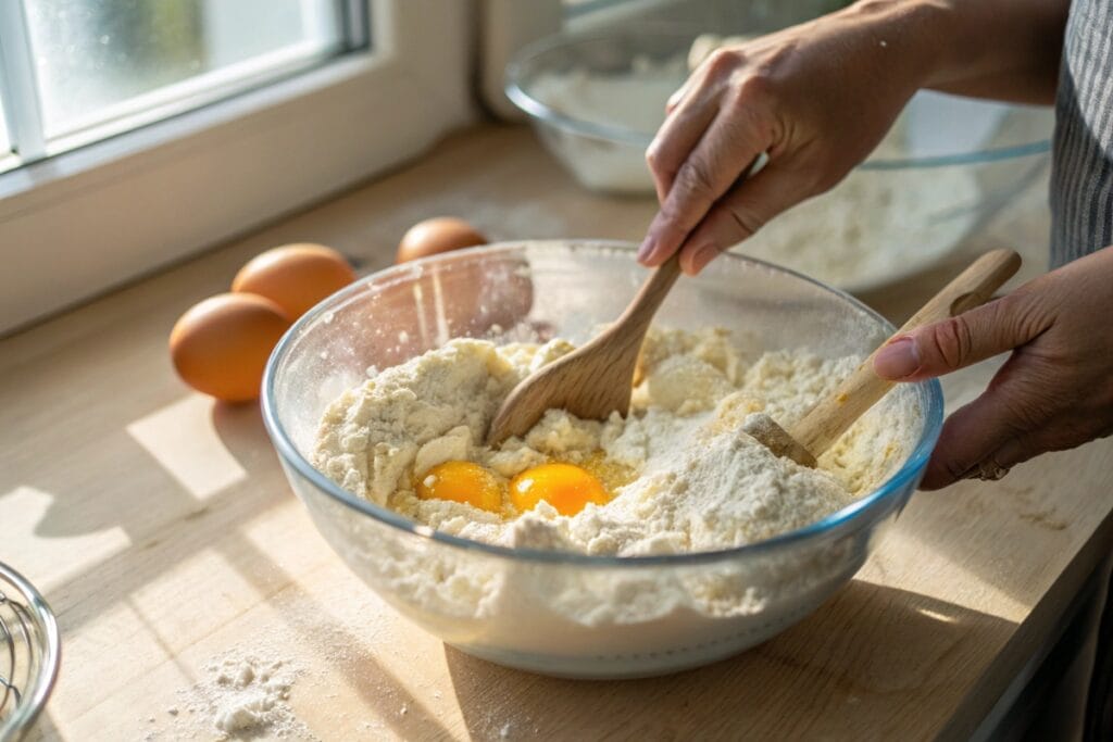 Mixing gluten free wonton wrapper dough in bowl