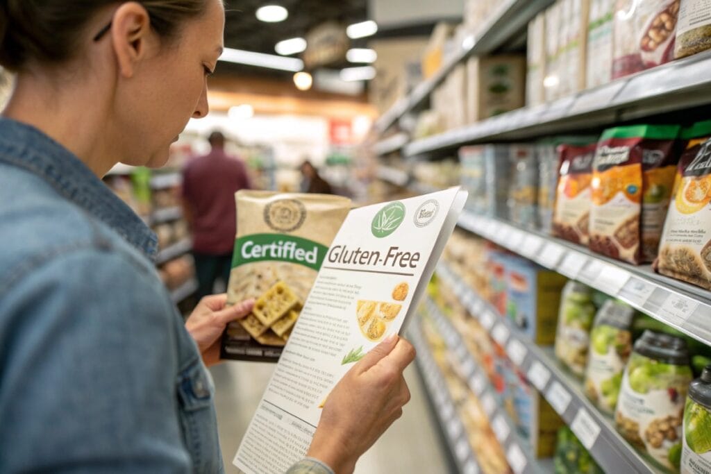 Checking gluten free label on wonton wrapper package