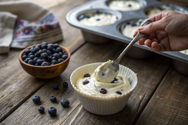 Adding Greek yogurt to blueberry muffin batter for extra protein